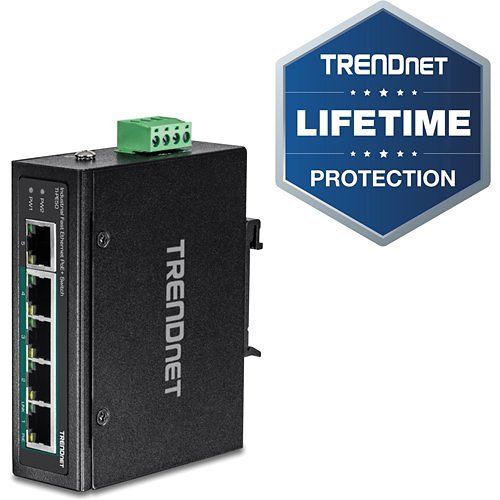 TRENDnet 5-Port Industrial Fast Ethernet DIN-Rail Switch, 4 x Fast Ethernet PoE+ Ports, 1 x Fast Ethernet Port, 90W PoE Power Budget, DIN-Rail, IP30 Rated, Lifetime Protection, Black, TI-PE50